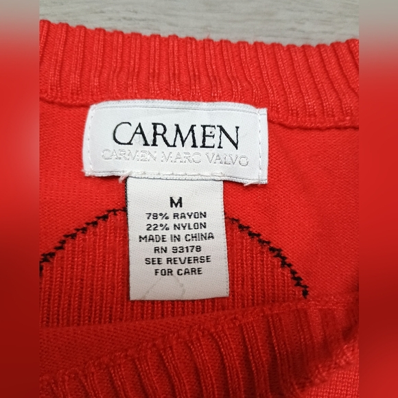 CARMEN Marc Valvo red black polka dot short sleeve sweater size M - Picture 2 of 4